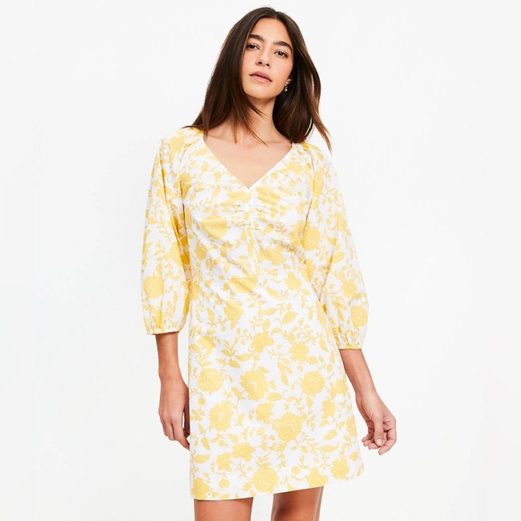 NWT! LOFT Floral Poplin Shirred Mini Dress 0 Soft Yellow Ann Taylor Wedding Puff - Picture 2 of 7